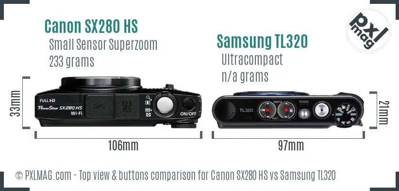 Canon SX280 HS vs Samsung TL320 top view buttons comparison