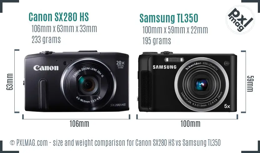 Canon SX280 HS vs Samsung TL350 size comparison