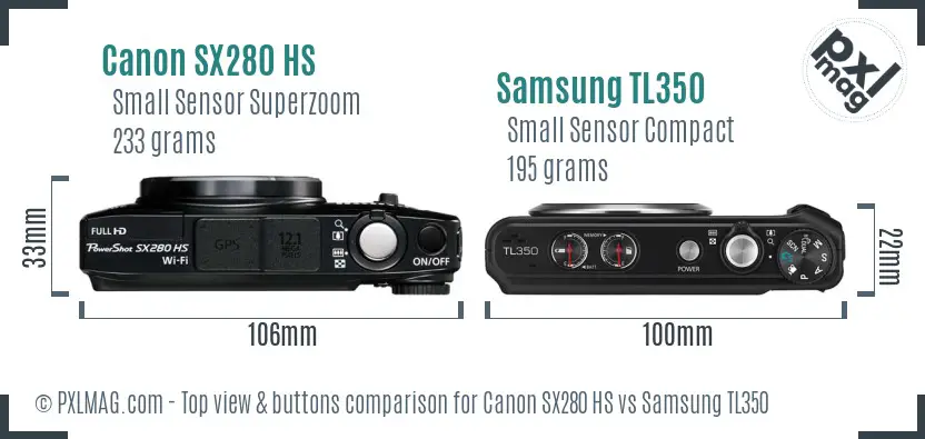 Canon SX280 HS vs Samsung TL350 top view buttons comparison