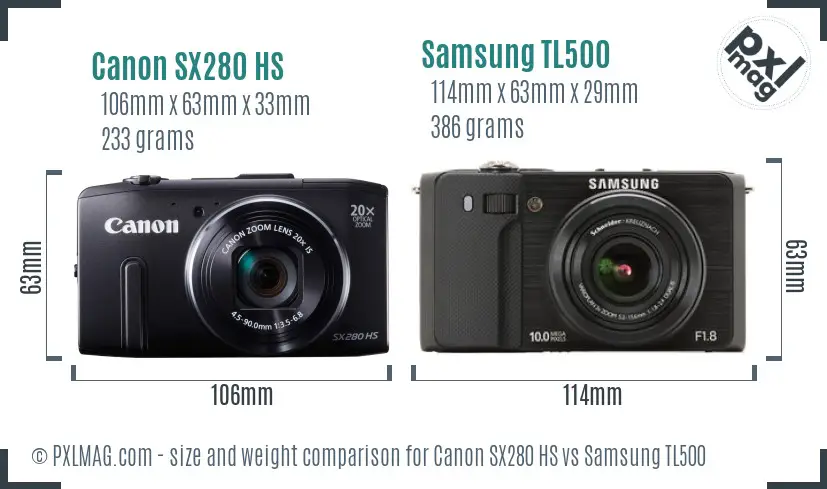 Canon SX280 HS vs Samsung TL500 size comparison