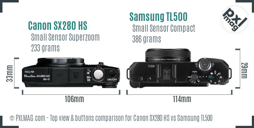 Canon SX280 HS vs Samsung TL500 top view buttons comparison