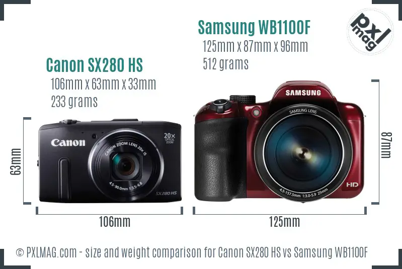 Canon SX280 HS vs Samsung WB1100F size comparison