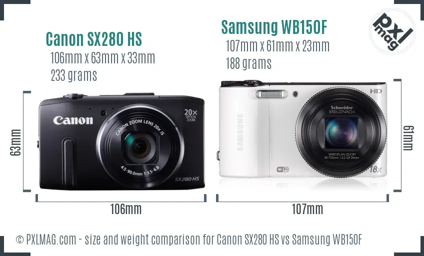 Canon SX280 HS vs Samsung WB150F size comparison