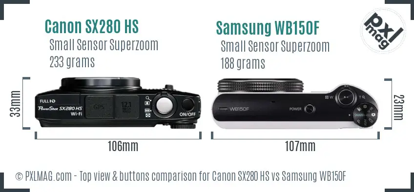 Canon SX280 HS vs Samsung WB150F top view buttons comparison