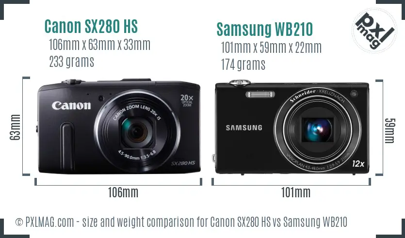 Canon SX280 HS vs Samsung WB210 size comparison