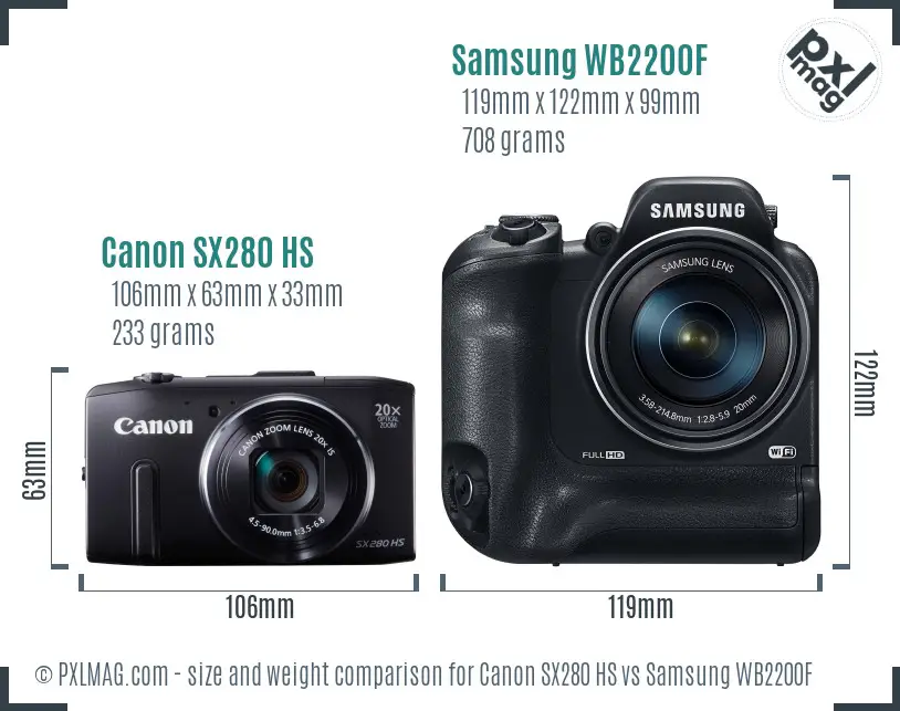 Canon SX280 HS vs Samsung WB2200F size comparison