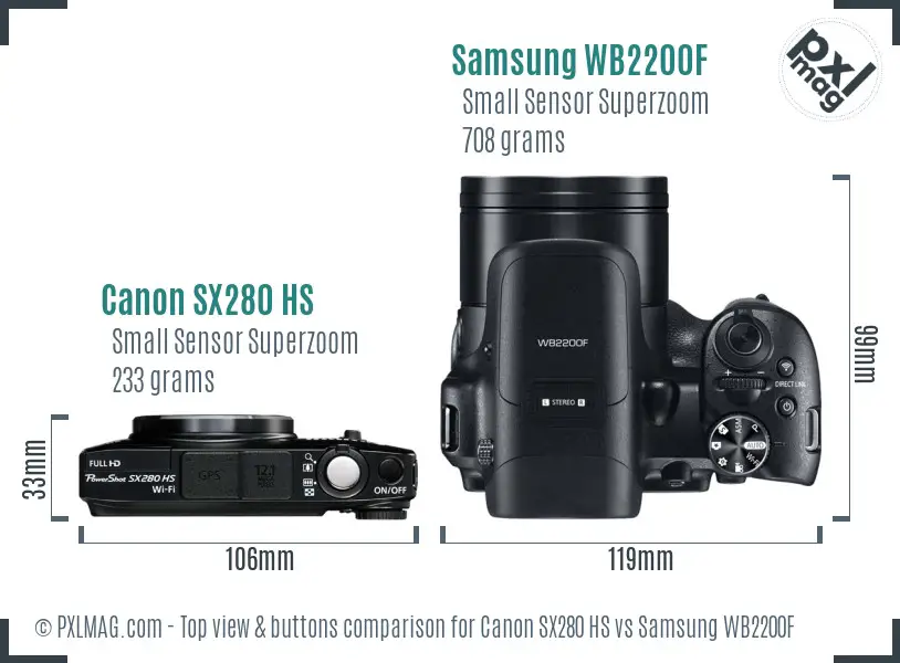 Canon SX280 HS vs Samsung WB2200F top view buttons comparison