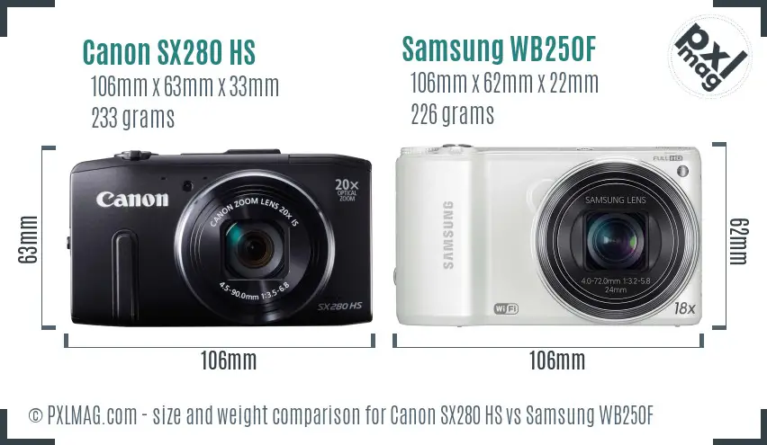 Canon SX280 HS vs Samsung WB250F size comparison