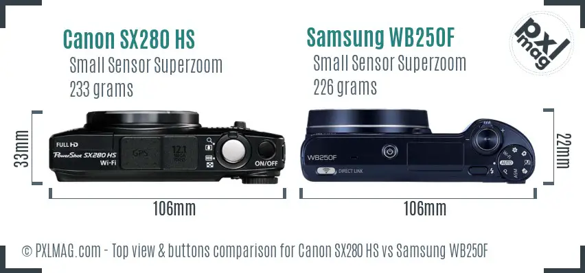 Canon SX280 HS vs Samsung WB250F top view buttons comparison