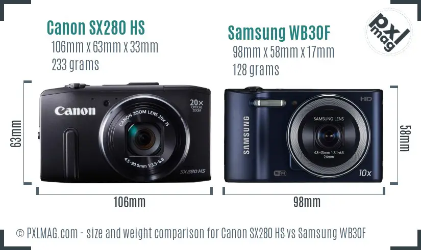 Canon SX280 HS vs Samsung WB30F size comparison