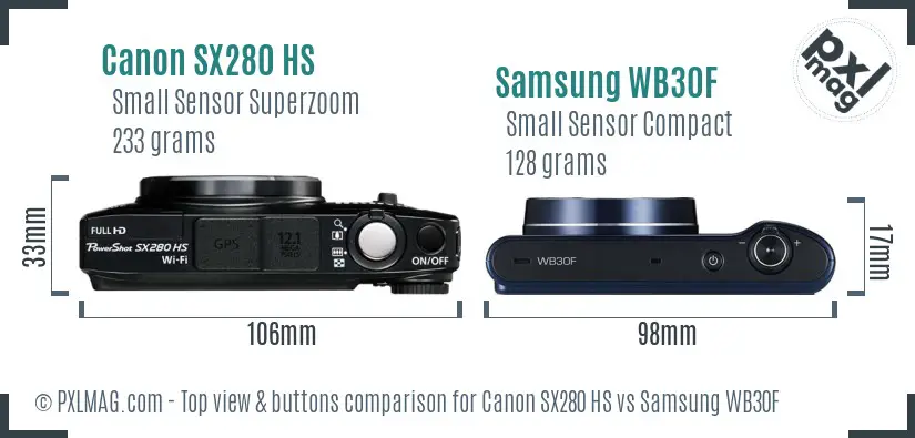 Canon SX280 HS vs Samsung WB30F top view buttons comparison