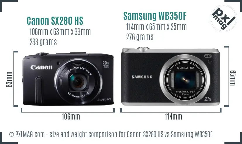 Canon SX280 HS vs Samsung WB350F size comparison