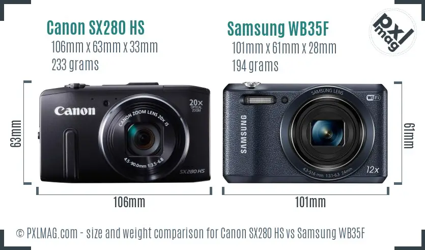 Canon SX280 HS vs Samsung WB35F size comparison