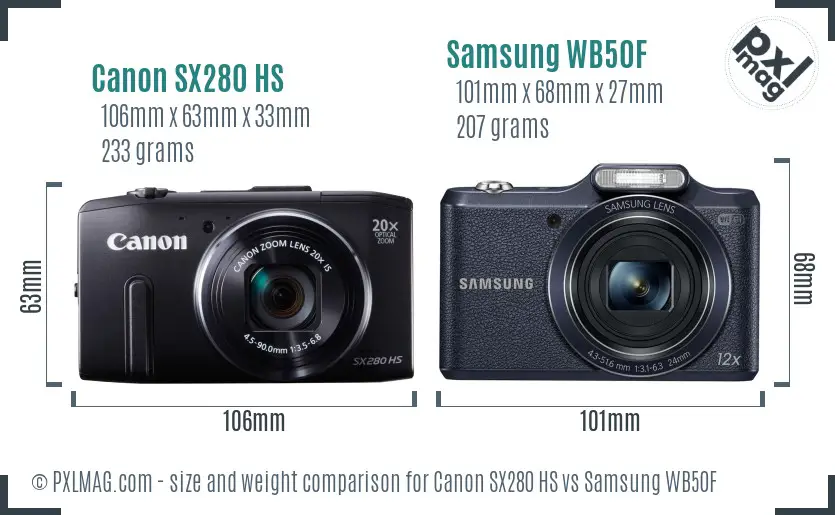 Canon SX280 HS vs Samsung WB50F size comparison