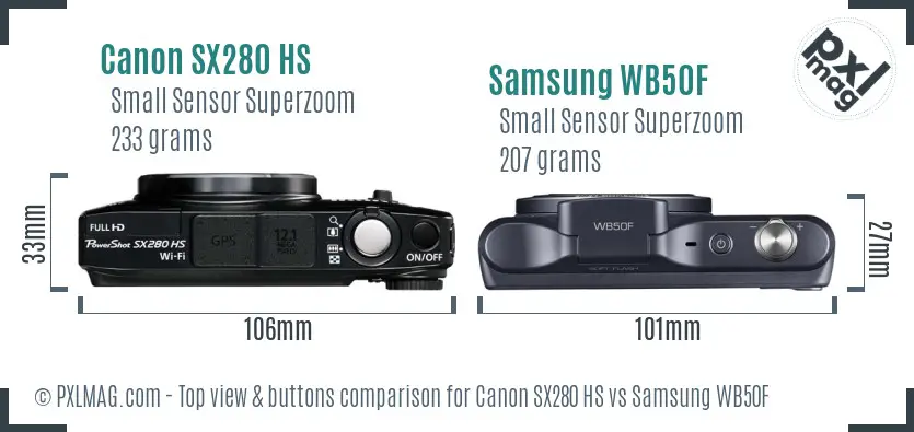 Canon SX280 HS vs Samsung WB50F top view buttons comparison