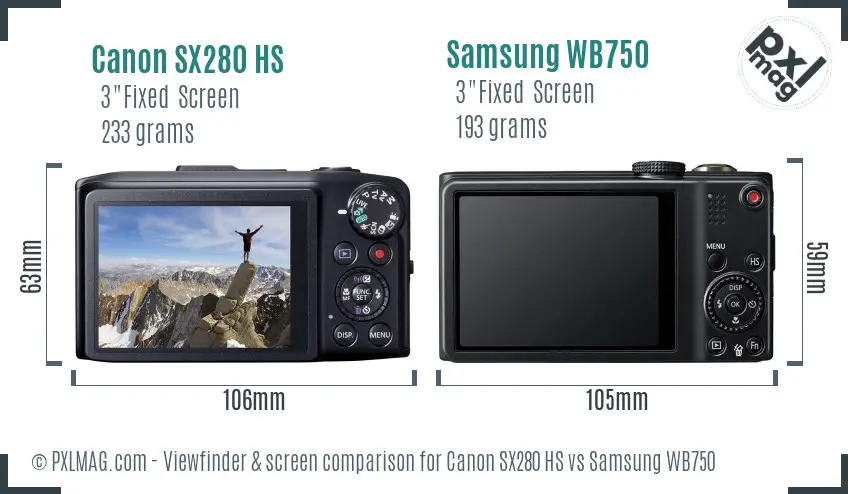 Canon SX280 HS vs Samsung WB750 Screen and Viewfinder comparison