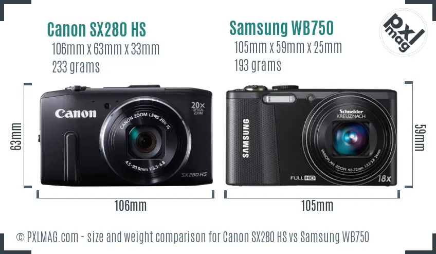 Canon SX280 HS vs Samsung WB750 size comparison