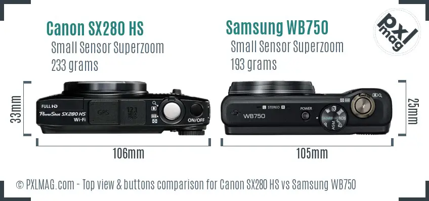 Canon SX280 HS vs Samsung WB750 top view buttons comparison