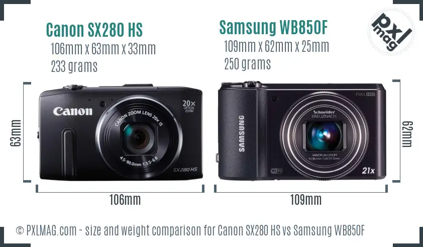 Canon SX280 HS vs Samsung WB850F size comparison Canon SX280 HS vs Samsung WB850F size comparison