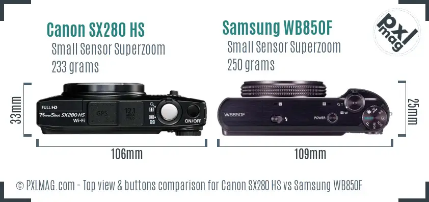 Canon SX280 HS vs Samsung WB850F top view buttons comparison Canon SX280 HS vs Samsung WB850F top view buttons comparison