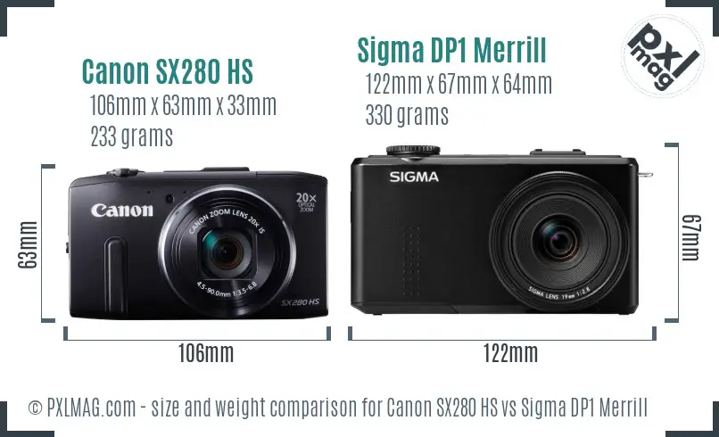 Canon SX280 HS vs Sigma DP1 Merrill size comparison