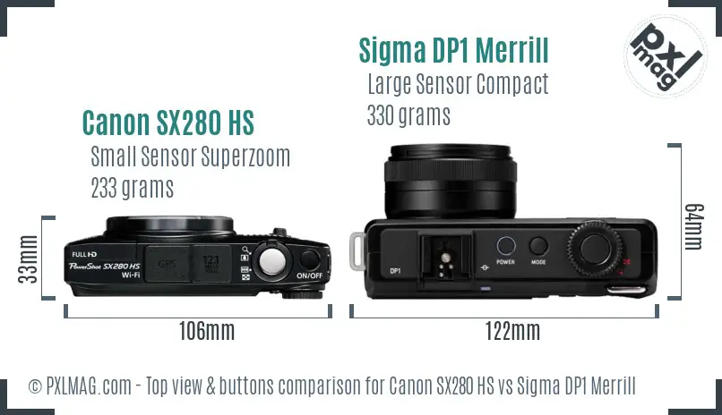 Canon SX280 HS vs Sigma DP1 Merrill top view buttons comparison