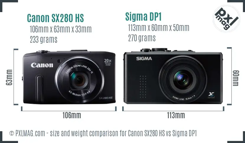 Canon SX280 HS vs Sigma DP1 size comparison