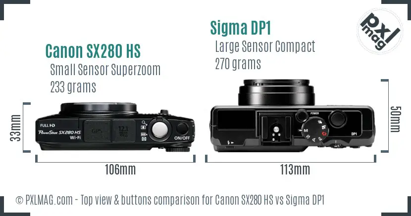 Canon SX280 HS vs Sigma DP1 top view buttons comparison