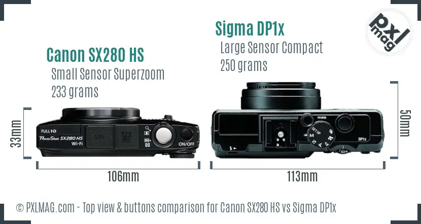 Canon SX280 HS vs Sigma DP1x top view buttons comparison