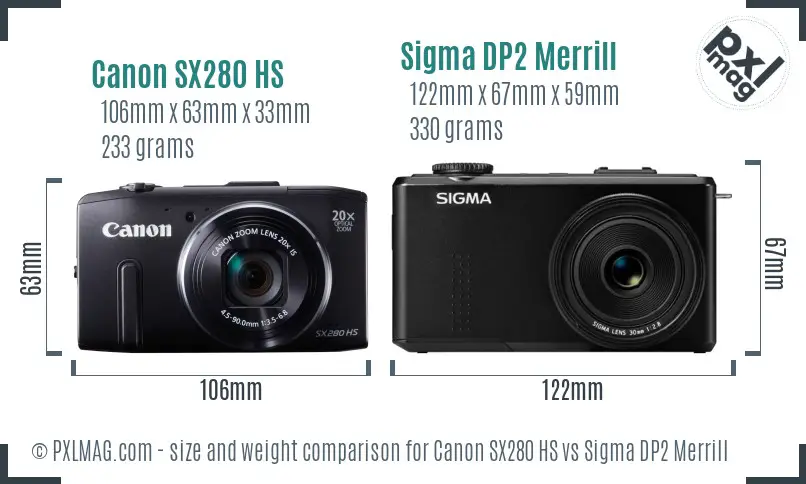 Canon SX280 HS vs Sigma DP2 Merrill size comparison