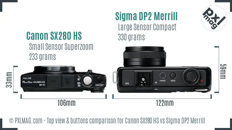 Canon SX280 HS vs Sigma DP2 Merrill top view buttons comparison