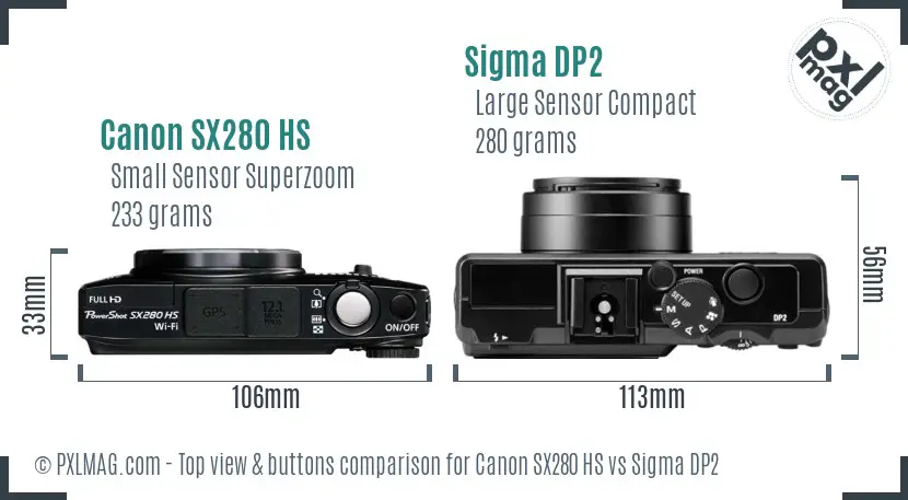 Canon SX280 HS vs Sigma DP2 top view buttons comparison