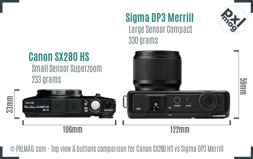 Canon SX280 HS vs Sigma DP3 Merrill top view buttons comparison