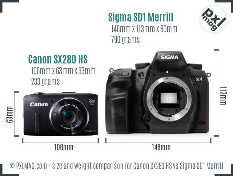 Canon SX280 HS vs Sigma SD1 Merrill size comparison