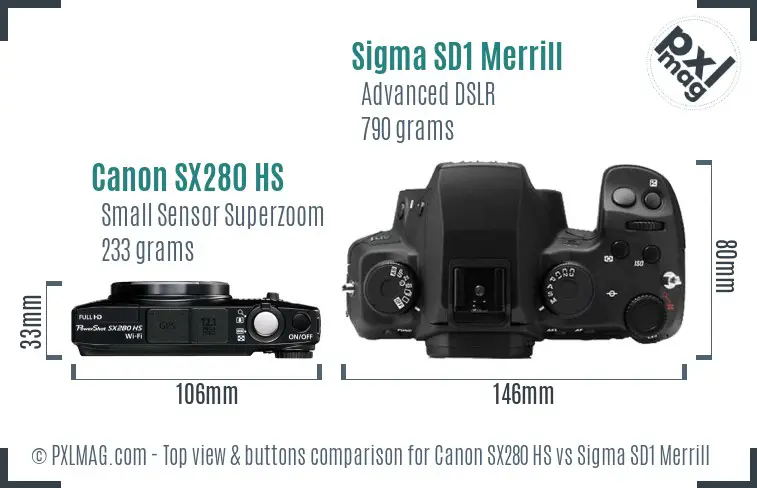 Canon SX280 HS vs Sigma SD1 Merrill top view buttons comparison