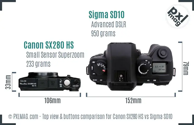 Canon SX280 HS vs Sigma SD10 top view buttons comparison Canon SX280 HS vs Sigma SD10 top view buttons comparison
