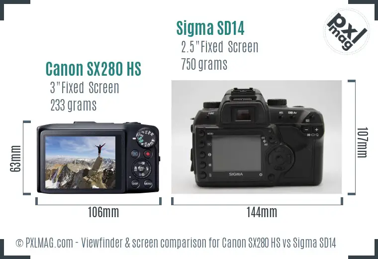 Canon SX280 HS vs Sigma SD14 Screen and Viewfinder comparison
