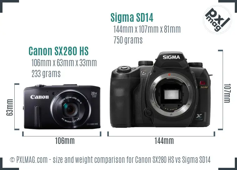 Canon SX280 HS vs Sigma SD14 size comparison