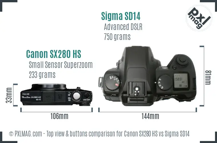 Canon SX280 HS vs Sigma SD14 top view buttons comparison