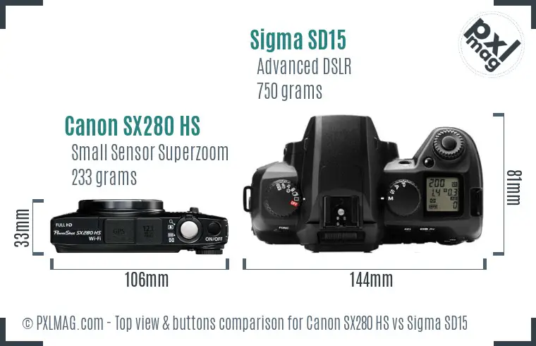 Canon SX280 HS vs Sigma SD15 top view buttons comparison Canon SX280 HS vs Sigma SD15 top view buttons comparison