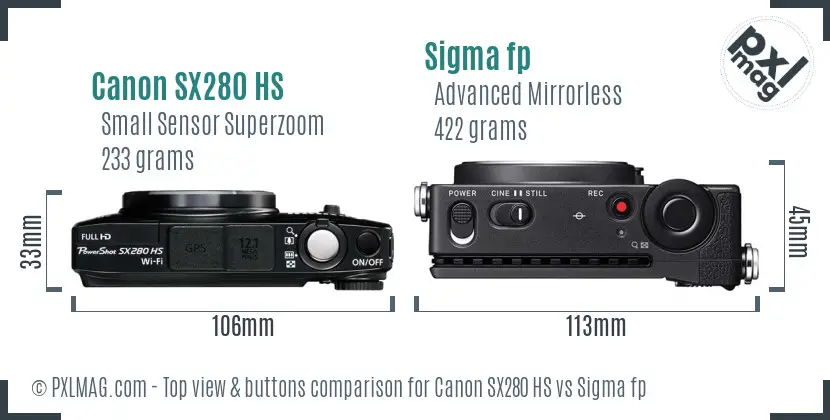 Canon SX280 HS vs Sigma fp top view buttons comparison