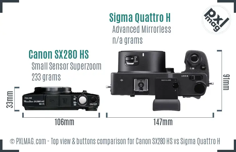 Canon SX280 HS vs Sigma Quattro H top view buttons comparison Canon SX280 HS vs Sigma Quattro H top view buttons comparison