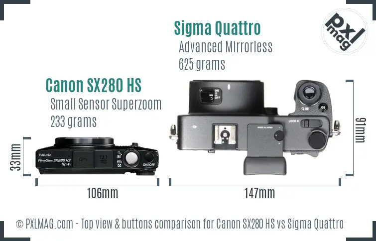 Canon SX280 HS vs Sigma Quattro top view buttons comparison Canon SX280 HS vs Sigma Quattro top view buttons comparison