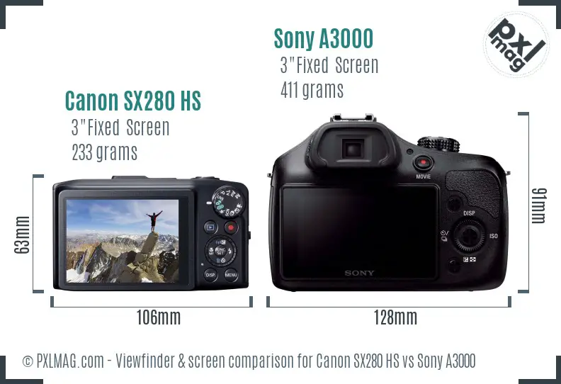 Canon SX280 HS vs Sony A3000 Screen and Viewfinder comparison