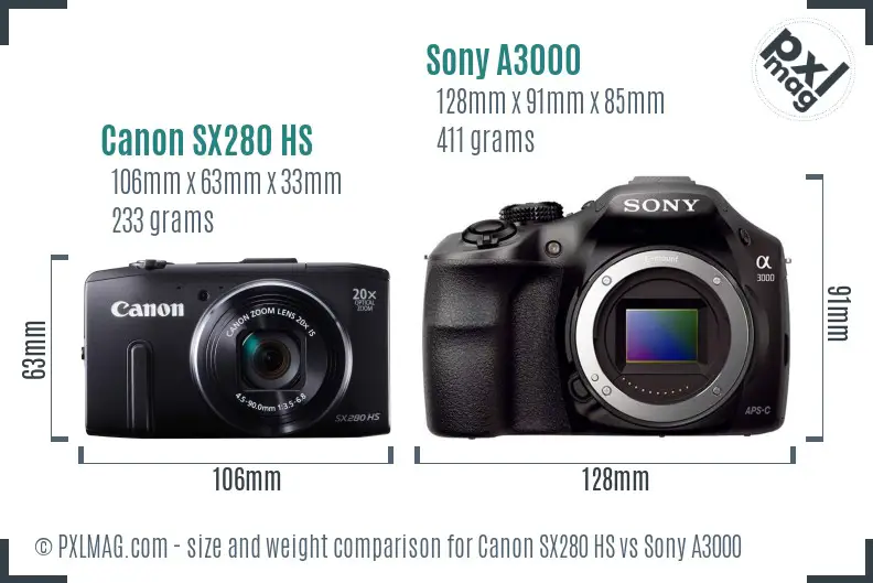 Canon SX280 HS vs Sony A3000 size comparison