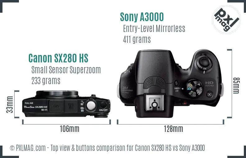 Canon SX280 HS vs Sony A3000 top view buttons comparison