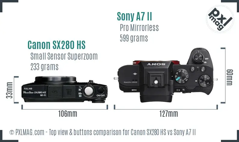 Canon SX280 HS vs Sony A7 II top view buttons comparison Canon SX280 HS vs Sony A7 II top view buttons comparison