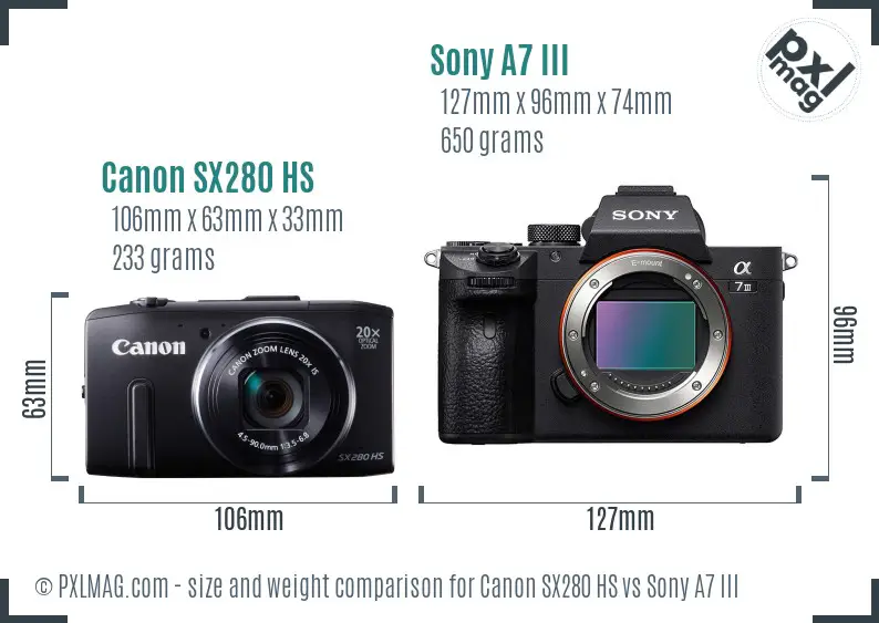 Canon SX280 HS vs Sony A7 III size comparison Canon SX280 HS vs Sony A7 III size comparison