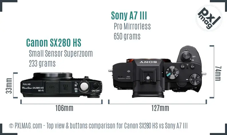 Canon SX280 HS vs Sony A7 III top view buttons comparison Canon SX280 HS vs Sony A7 III top view buttons comparison
