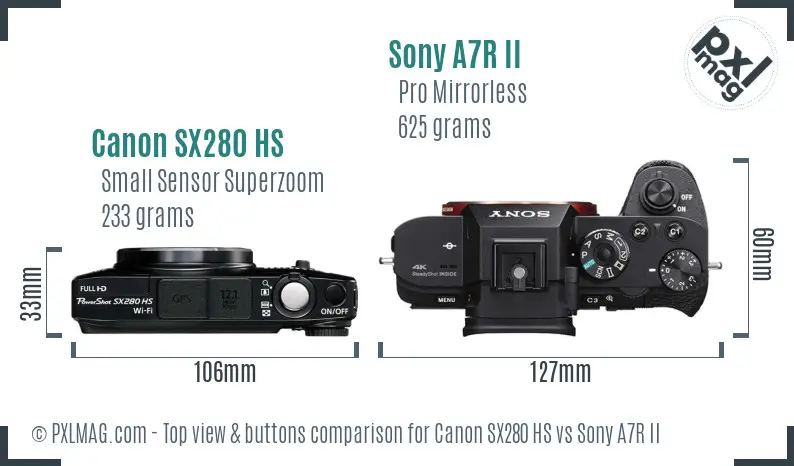 Canon SX280 HS vs Sony A7R II top view buttons comparison